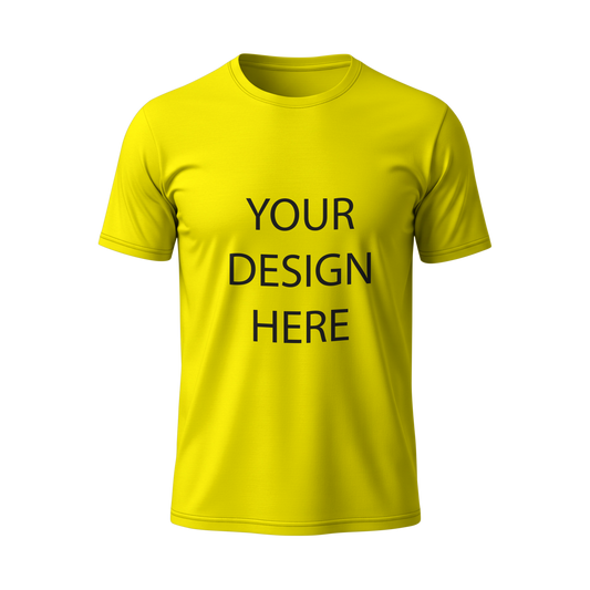 হলুদ রঙের ১৪০  GSM প্রিমিয়াম কোয়ালিটি জার্সি  ফেব্রিক  কাস্টম টি-শার্ট – নাম, লোগো, ছবি সহ ডিজাইন করুন